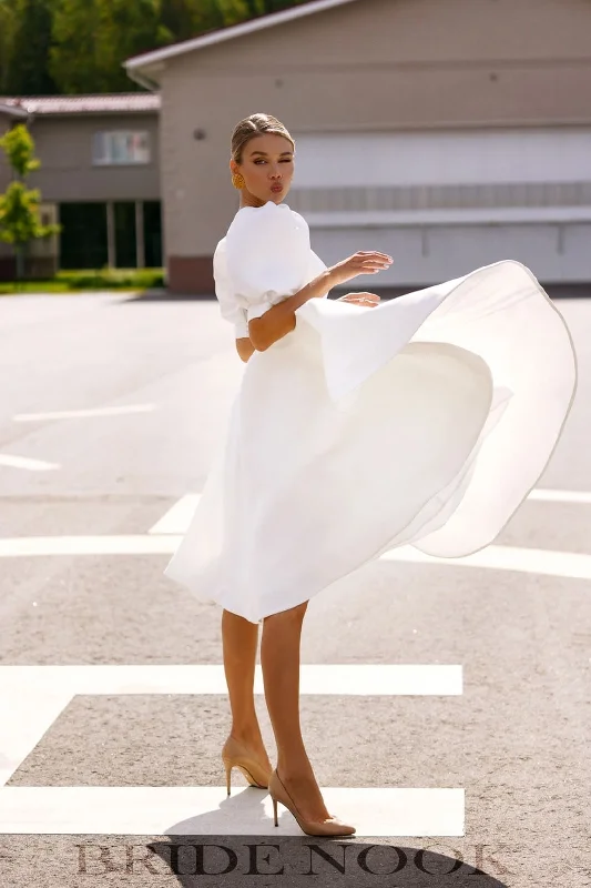 A Line Tea Length Wedding Gown With Short Puffy Sleeves