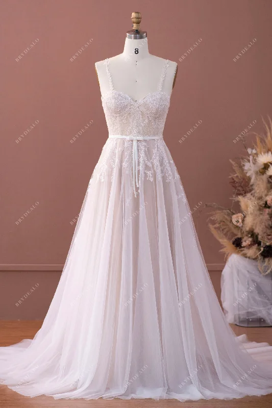 Spaghetti Straps Sweetheart Lace A-line Nude Wedding Dress