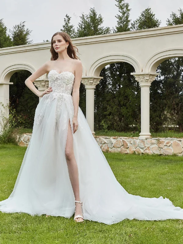 Wedding dresses for brides who want timeless beauty-Tulle And Lace Sleeveless Wedding Dress With Slit Ivory Wedding dresses for brides who want timeless beauty-Tulle And Lace Sleeveless Wedding Dress With Slit Ivory