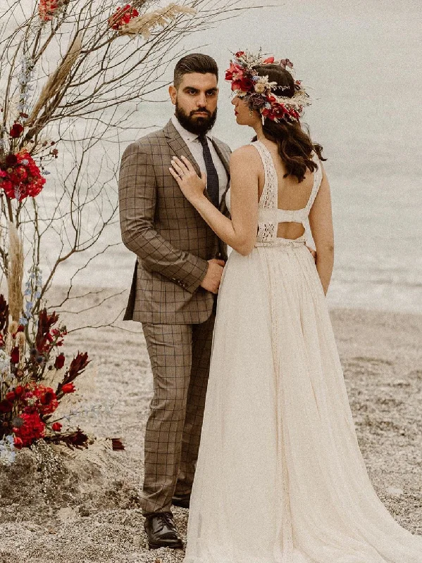 Unique A-line Tulle Backless Wedding Dresses Sleeveless Sweep Train Bridal Gowns WD446 Unique A-line Tulle Backless Wedding Dresses Sleeveless Sweep Train Bridal Gowns WD446