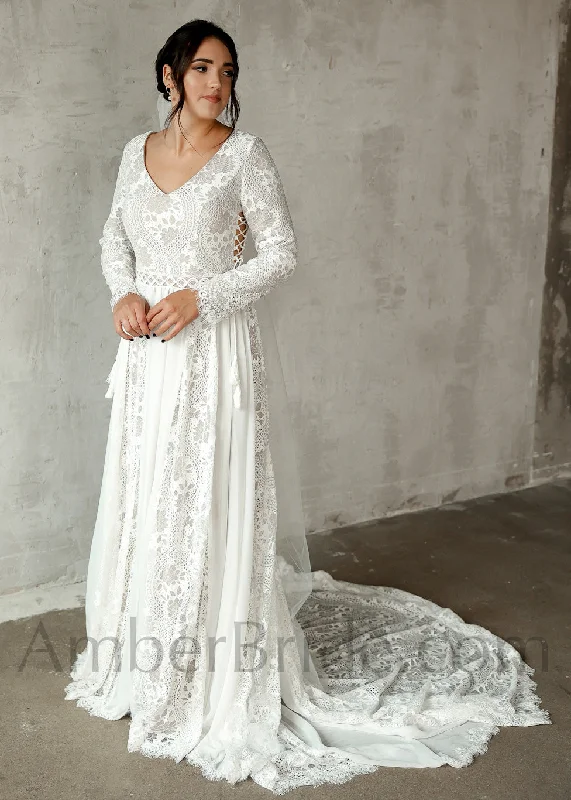 Best wedding dresses for curvy brides-Unique Bohemian Lace and Chiffon V-Neck Wedding Dress with Long Sleeves Best wedding dresses for curvy brides-Unique Bohemian Lace and Chiffon V-Neck Wedding Dress with Long Sleeves