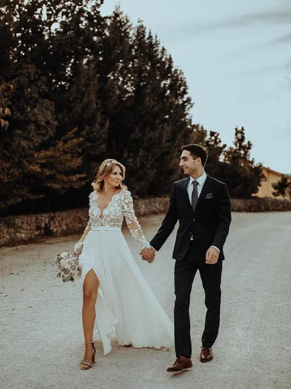 Elegant mermaid wedding dresses for a sleek look-Unique Chiffon V-neck A-line Wedding Dresses Long sleeves Gowns WD212 Elegant mermaid wedding dresses for a sleek look-Unique Chiffon V-neck A-line Wedding Dresses Long sleeves Gowns WD212