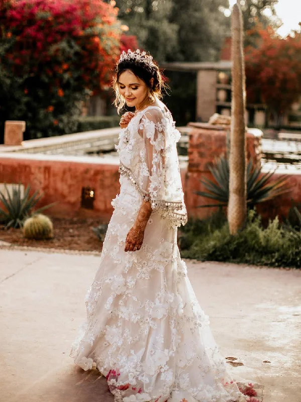 Wedding dresses with satin fabric for a smooth finish-Unique Floral With Rhinestones Tulle Bat Sleeves Sheath Wedding Dresses WD555 Wedding dresses with satin fabric for a smooth finish-Unique Floral With Rhinestones Tulle Bat Sleeves Sheath Wedding Dresses WD555