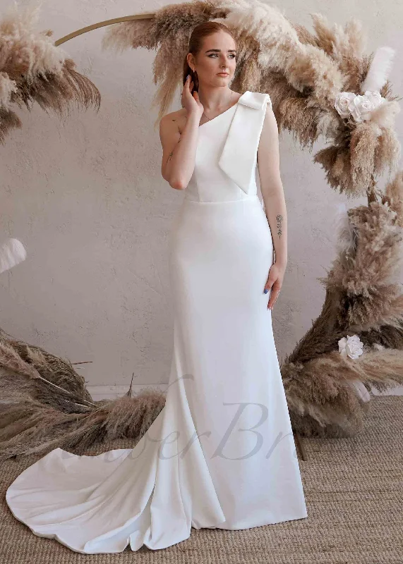 Wedding dresses for beach or destination weddings-Unique Satin Mermaid Wedding Dress with One Shoulder Bow Wedding dresses for beach or destination weddings-Unique Satin Mermaid Wedding Dress with One Shoulder Bow