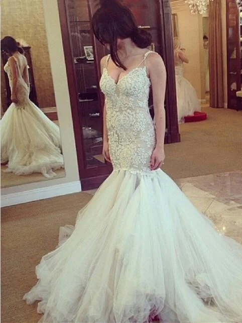 Unique Tulle Spaghetti Straps Neckline Mermaid Wedding Dresses WD091