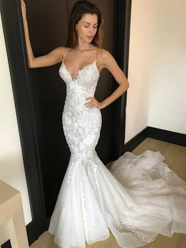Where to buy wedding dresses for every budget-Unique Tulle Spaghetti Straps Neckline Mermaid Wedding Dresses With Appliques WD066 Where to buy wedding dresses for every budget-Unique Tulle Spaghetti Straps Neckline Mermaid Wedding Dresses With Appliques WD066