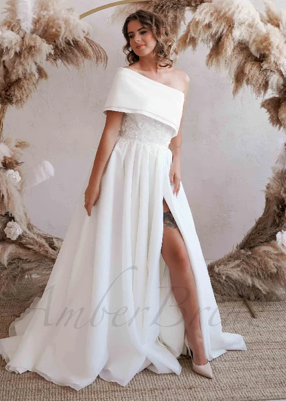 Wedding dresses with ruffles for added texture-Unique Two Piece A Line Dress with One Shoulder Strapless Look and Bow Back Detail Wedding dresses with ruffles for added texture-Unique Two Piece A Line Dress with One Shoulder Strapless Look and Bow Back Detail