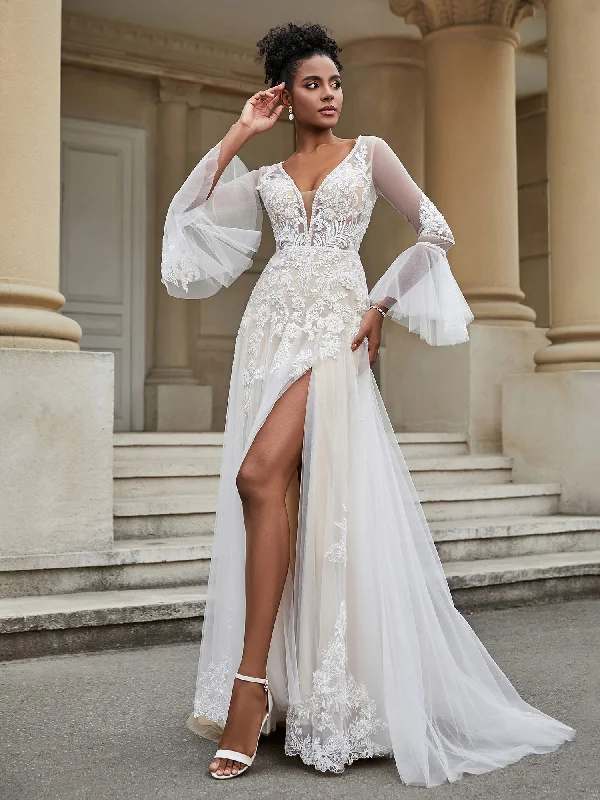 Wedding dresses with detachable skirts for versatility-V-Neck A-Line Lace Tulle Wedding Dress As Picture Wedding dresses with detachable skirts for versatility-V-Neck A-Line Lace Tulle Wedding Dress As Picture