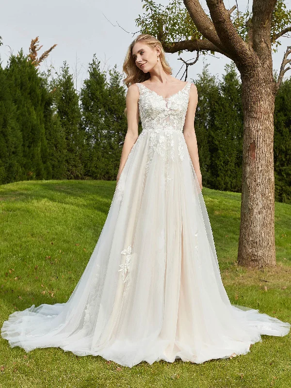 Wedding dresses with floral patterns for a fresh look-V-neck Applique Chapel Train Wedding Dress Ivory/Champagne Wedding dresses with floral patterns for a fresh look-V-neck Applique Chapel Train Wedding Dress Ivory/Champagne
