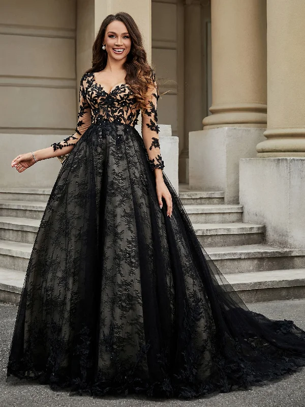 Wedding dresses for a sophisticated, modern look-V-Neck Flower Appliqued Ball Gown Black Wedding dresses for a sophisticated, modern look-V-Neck Flower Appliqued Ball Gown Black