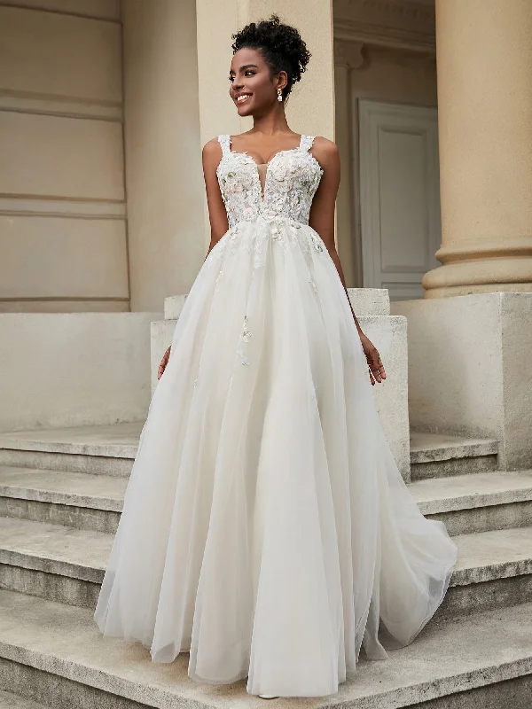 Wedding dresses with floral appliqué for a modern feel-V-neck Flower Appliqued Tulle Wedding Dress As Picture Wedding dresses with floral appliqué for a modern feel-V-neck Flower Appliqued Tulle Wedding Dress As Picture
