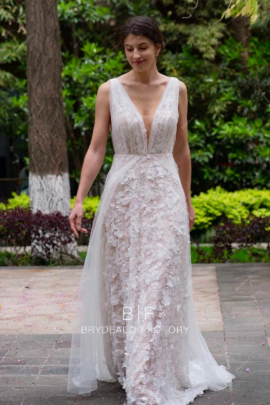 Deep V-neck Designer Flower Lace Beautiful Nude Beige Wedding Dress