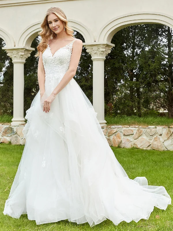 Wedding dresses with fitted bodices for support and comfort-V-Neck Lace Bodice Ruffles Tulle Wedding Dress-Ivory Wedding dresses with fitted bodices for support and comfort-V-Neck Lace Bodice Ruffles Tulle Wedding Dress-Ivory