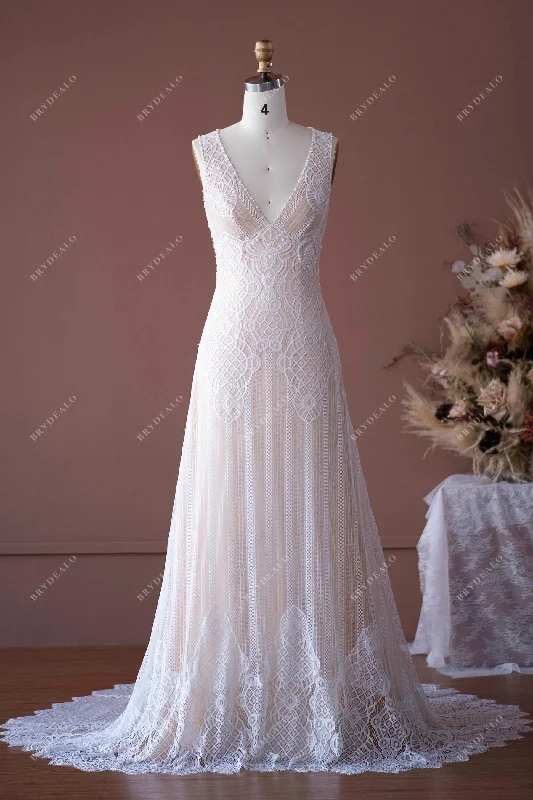 V-neck Pearls Lace Plunging Keyhole Back Wedding Dress