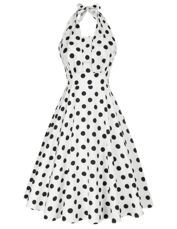 Wedding dresses with a sweetheart neckline for a romantic touch-Vintage Polka Dots Halter Dress Backless Defined Waist Above Knee A-Line Dress Wedding dresses with a sweetheart neckline for a romantic touch-Vintage Polka Dots Halter Dress Backless Defined Waist Above Knee A-Line Dress