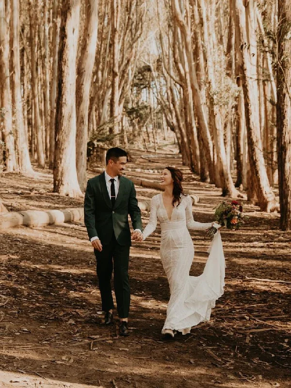 Best wedding dresses for a royal-style wedding-Vintage Lace V-neckline Long Sleeves Mermaid Wedding Dresses WD553 Best wedding dresses for a royal-style wedding-Vintage Lace V-neckline Long Sleeves Mermaid Wedding Dresses WD553
