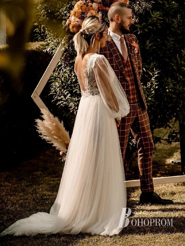 Vintage Long Sleeves Tulle & Lace V-Neck Wedding Dresses Backless Bridal Gowns WD626