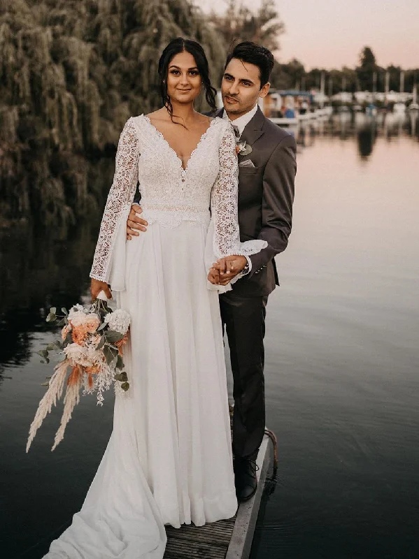 Wedding dresses with floral embroidery for a romantic feel-Vintage Mandarin Sleeves Chiffon V-Neck Wedding Dresses Backless Bridal Gowns WD456 Wedding dresses with floral embroidery for a romantic feel-Vintage Mandarin Sleeves Chiffon V-Neck Wedding Dresses Backless Bridal Gowns WD456