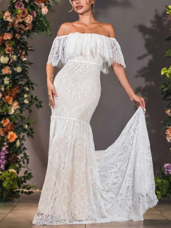 Lace Flutter Sleeve Wedding Dress Mermaid Off Shoulder