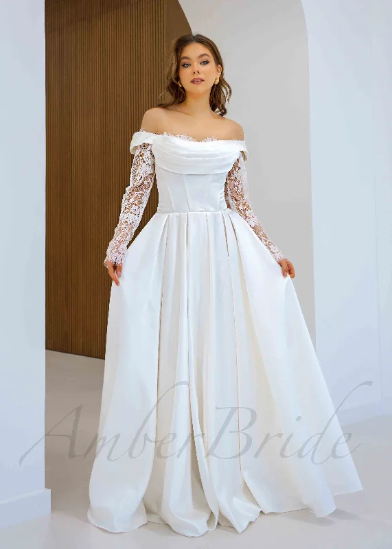 Wedding dresses with a romantic feel for an intimate ceremony-Whimsical A Line Satin Wedding Dress with Long Lace Sleeve Wedding dresses with a romantic feel for an intimate ceremony-Whimsical A Line Satin Wedding Dress with Long Lace Sleeve