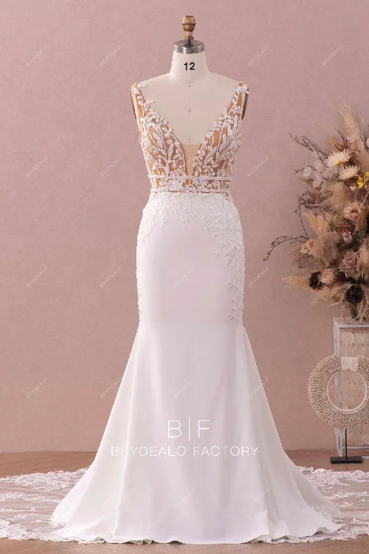 Wild Beaded Lace Crepe Illusion Cutout Train Mermaid Bridal Dress