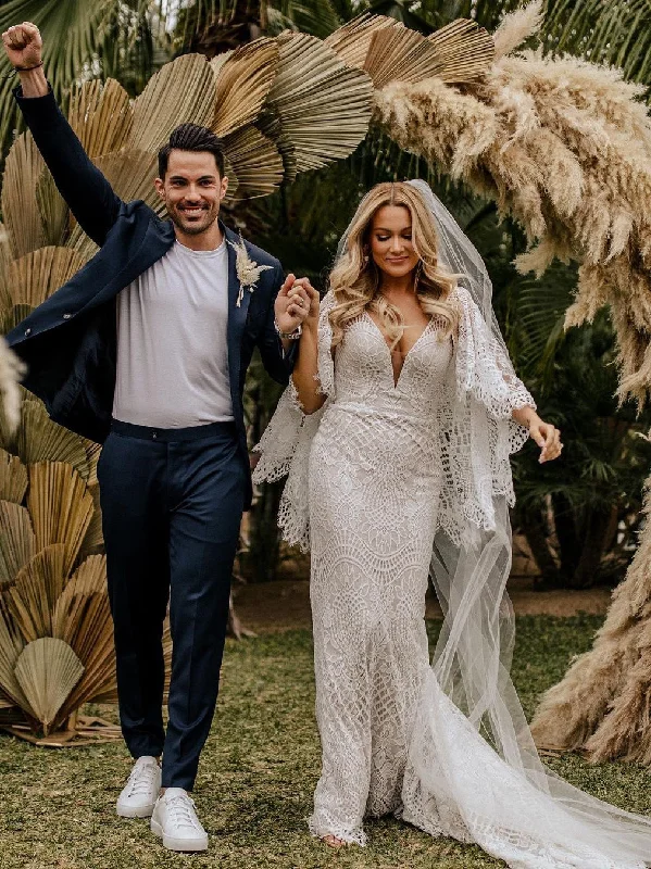 Where to rent a wedding dress for a one-time use-Wonderful Deep V-neck Lace Bat Sleeve Wedding Dresses With Sweep Train WD556 Where to rent a wedding dress for a one-time use-Wonderful Deep V-neck Lace Bat Sleeve Wedding Dresses With Sweep Train WD556