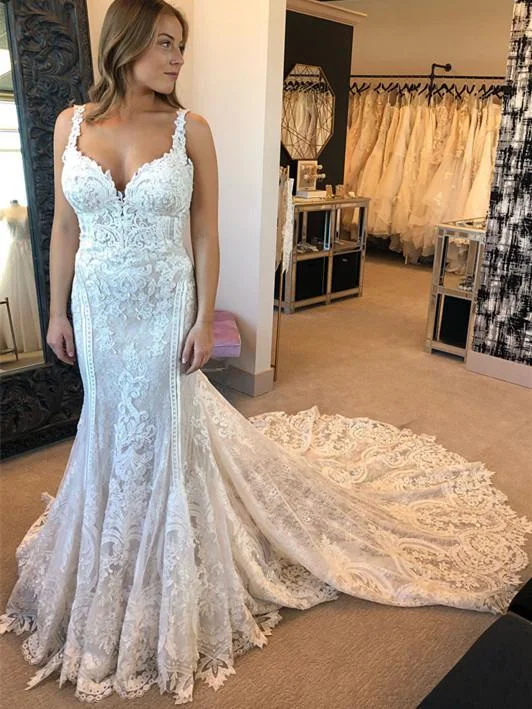 A-line wedding dresses for a timeless appearance-Wonderful Lace Spaghetti Straps Neckline Mermaid Wedding Dresses With Appliques WD032 A-line wedding dresses for a timeless appearance-Wonderful Lace Spaghetti Straps Neckline Mermaid Wedding Dresses With Appliques WD032
