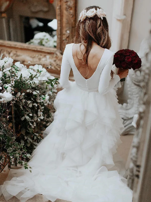 Wedding dresses with chiffon skirts for a flowing appearance-Wonderful Satin Wedding Dresses Long Sleeves Tasseled Gowns WD210 Wedding dresses with chiffon skirts for a flowing appearance-Wonderful Satin Wedding Dresses Long Sleeves Tasseled Gowns WD210