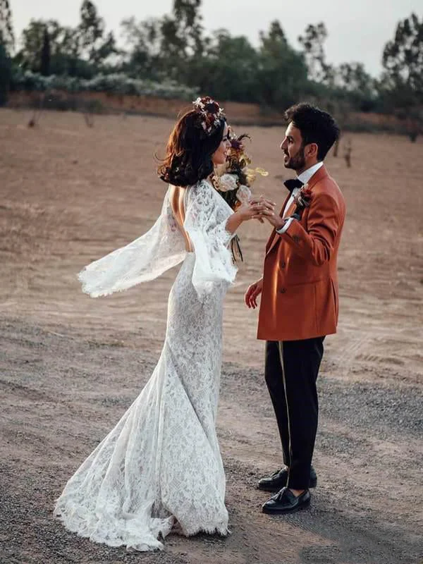 Wonderful V-neck Lace Wedding Dresses Mermaid Backless Bridal Gowns WD262