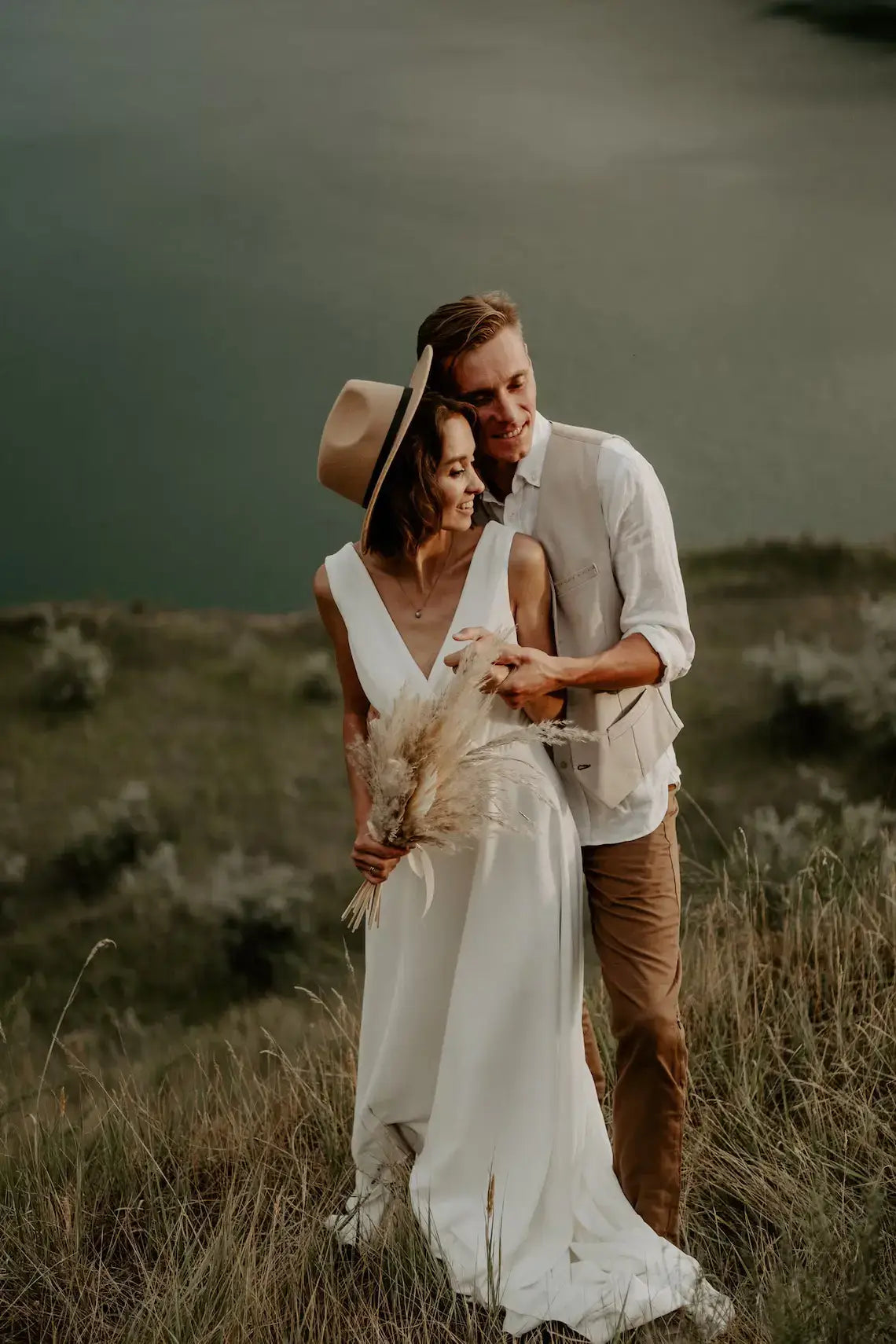 Wrap Top Bohemian Wedding Dress With Lace Sheer Back
