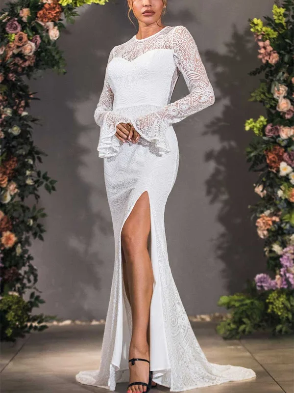 Long Lace Bell Sleeve Wedding Dress Open Back Mermaid